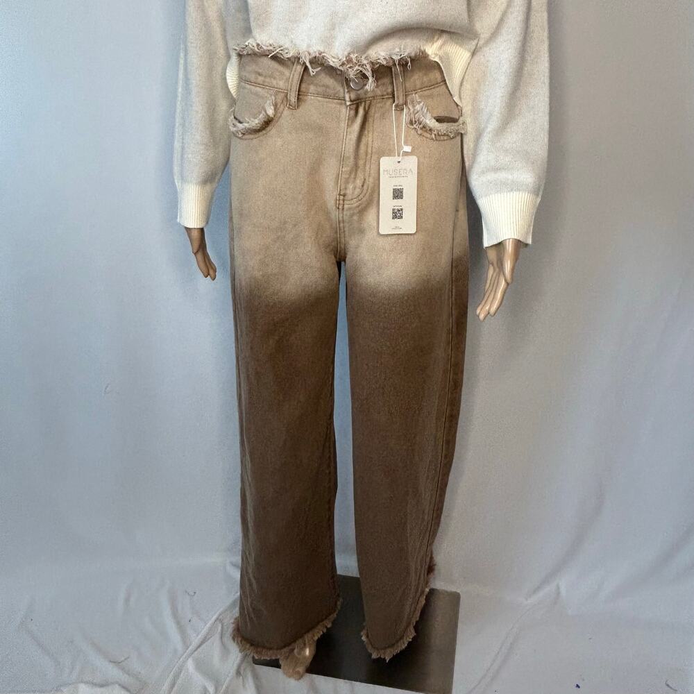 Musera Ombre Wide Leg Jeans Size 26 Frayed Raw Hem High Rise NWT Brown